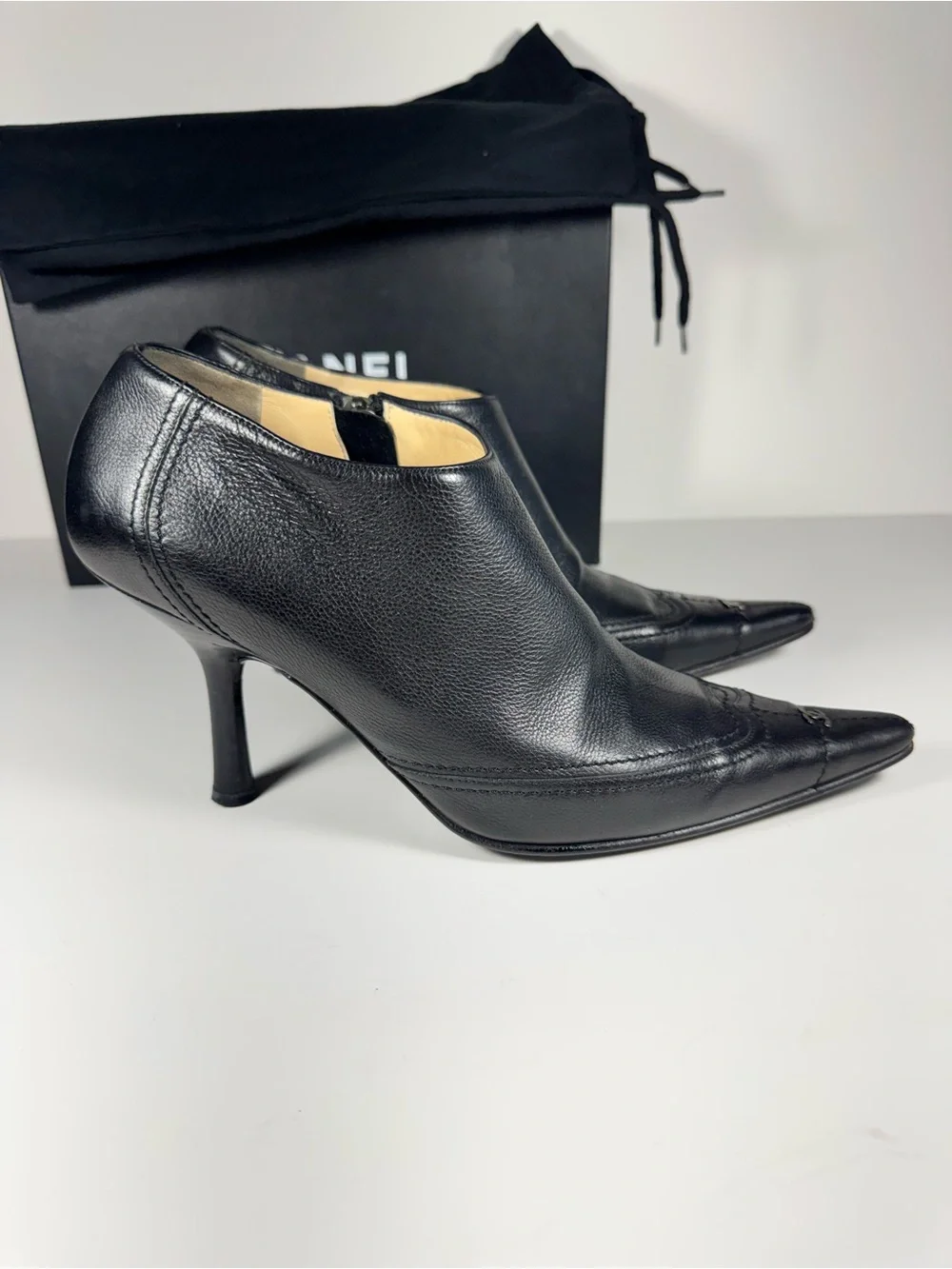 Vintage CHANEL Black Leather Western Kitten Ankle Heel Point Booties Women 9.5